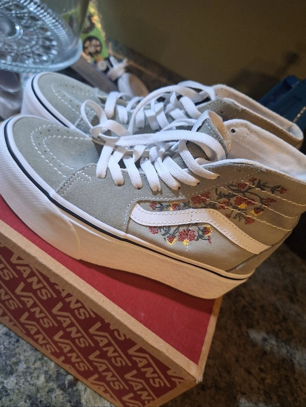 [[Vans]] Sk8-Hi Platform Floral Embroidered High-Top Sneakers - Sage